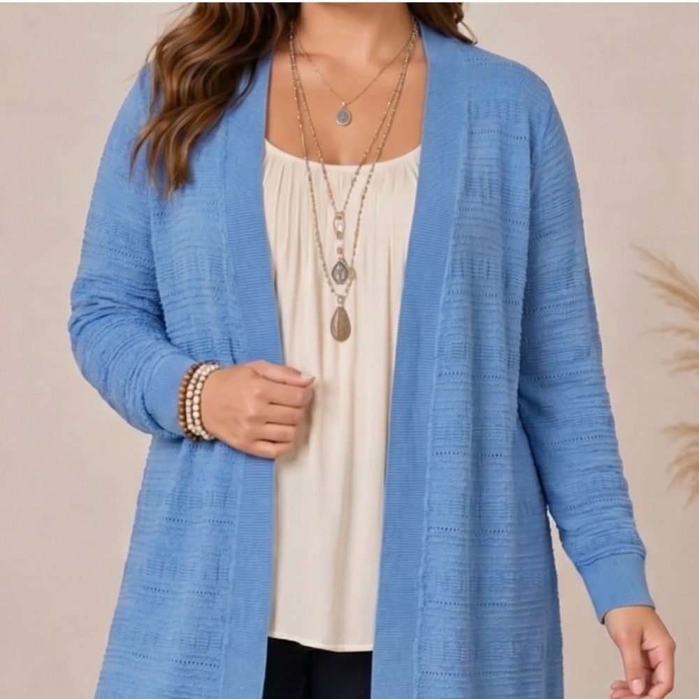 Talbots Woman Blue Textured Pointelle Open Front Cardigan Sweater Plus Size 3X